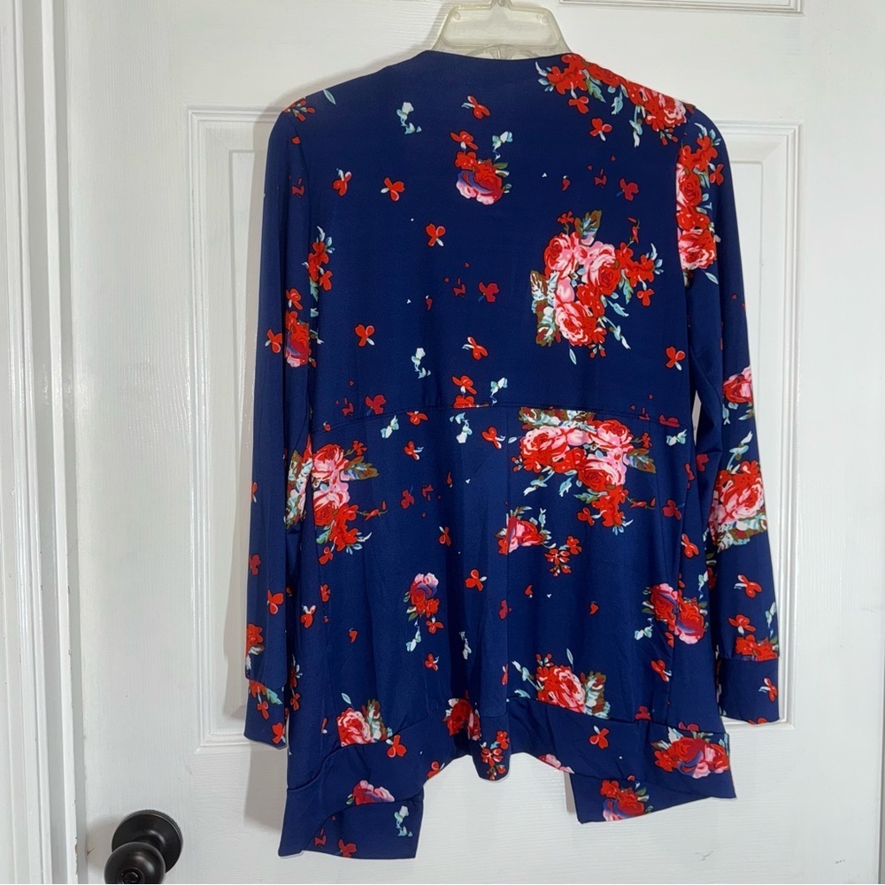 Navy Blue Floral Open Front Long Sleeve Cardigan - Picture 10 of 14